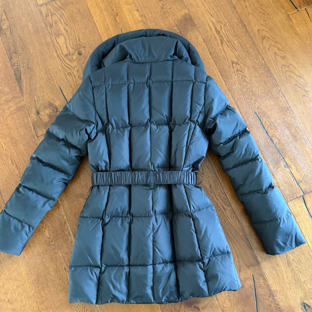 Black Cole Haan Down puffer jacket coat, gold trim zipper, buckle EUC,XS - Picture 3 of 5
